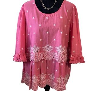COLDWATER CREEK PINK & WHITE EMBROIDERED CORAL PINK TOP SZ 2X NWOT